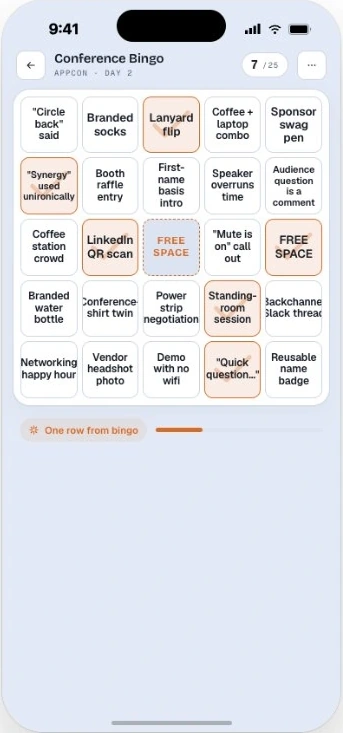 OutThere Bingo Conference Bingo board with marked event-themed squares