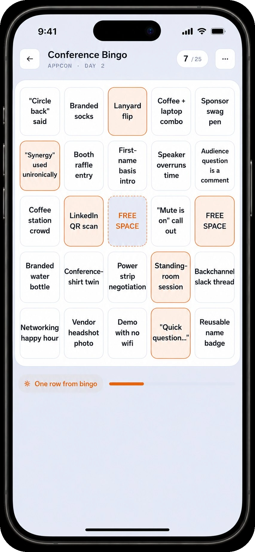 OutThere Bingo Conference Bingo board screen