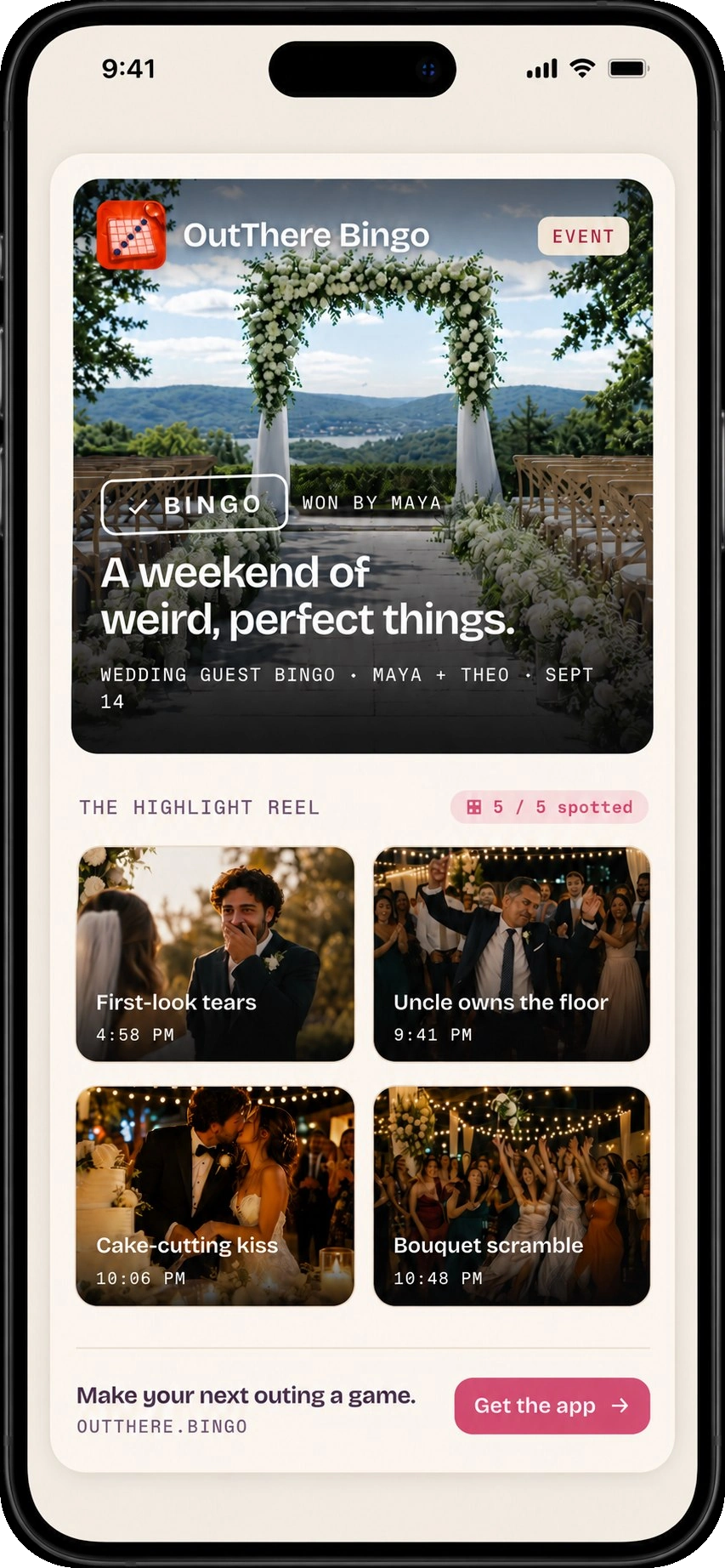 OutThere Bingo wedding highlight recap screen